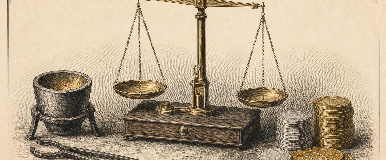 Engraved illustration of silver coins beside an assay scale